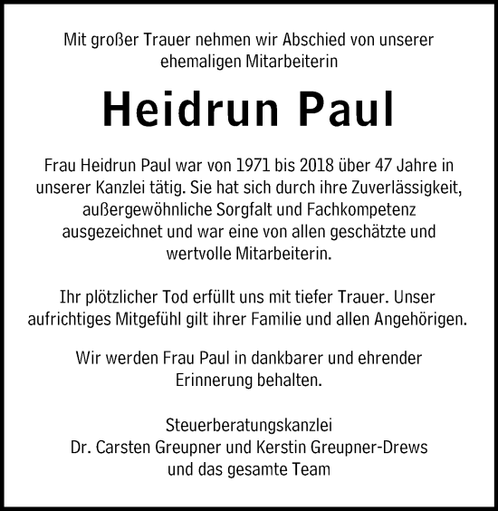 Traueranzeige von Heidrun Paul von Idsteiner Land/Untertaunus