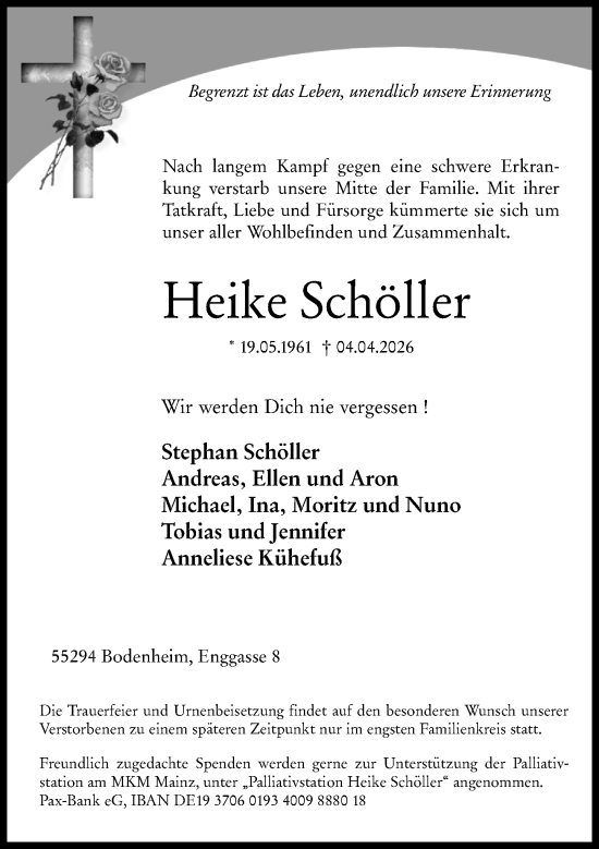 Traueranzeige von Heike Schöller von Allgemeine Zeitung Mainz