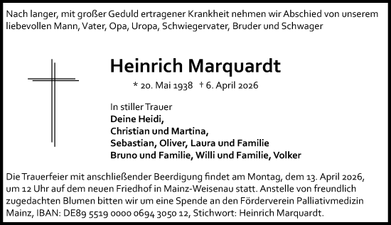 Traueranzeige von Heinrich Marquardt von Allgemeine Zeitung Mainz