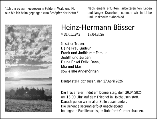 Traueranzeige von Heinz-Hermann Bösser von Hinterländer Anzeiger