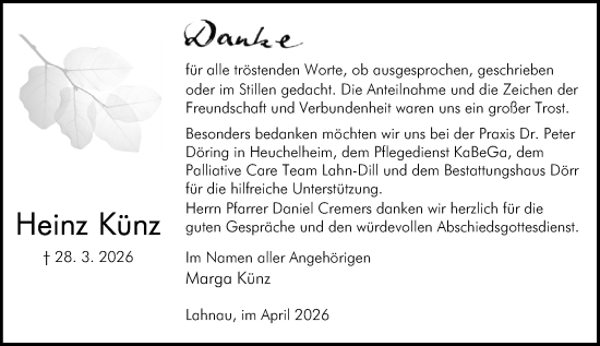 Traueranzeige von Heinz Künz von Wetzlarer Neue Zeitung