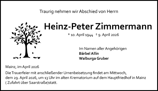 Traueranzeige von Heinz-Peter Zimmermann von Allgemeine Zeitung Mainz