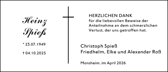 Traueranzeige von Heinz Spieß von Wormser Zeitung
