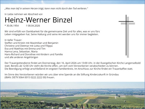 Traueranzeige von Heinz-Werner Binzel von Allgemeine Zeitung Mainz