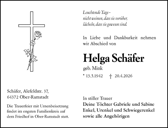 Traueranzeige von Helga Schäfer von Darmstädter Echo