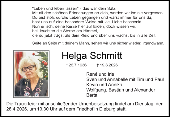 Traueranzeige von Helga Schmitt von Dieburger Anzeiger/Groß-Zimmerner Lokal-Anzeiger