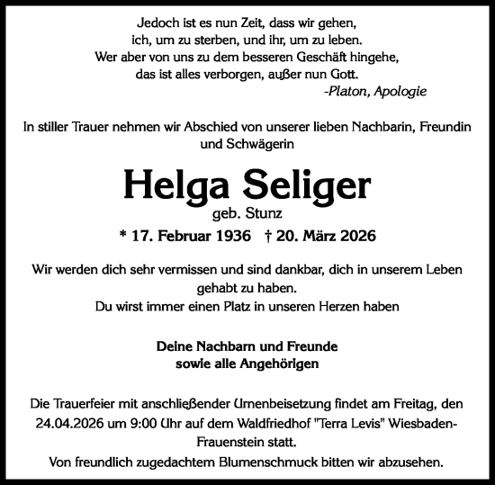 Traueranzeige von Helga Seliger von Wiesbadener Kurier