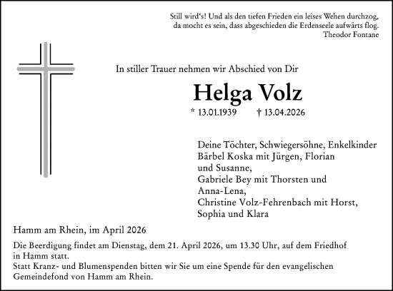 Traueranzeige von Helga Volz von Wormser Zeitung