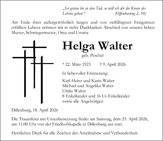 Traueranzeige von Helga Walter von Dill Block