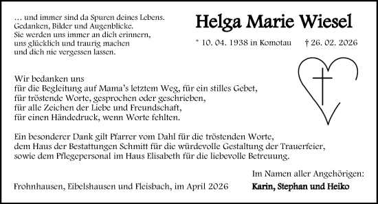 Traueranzeige von Helga Marie Wiesel von Dill Block