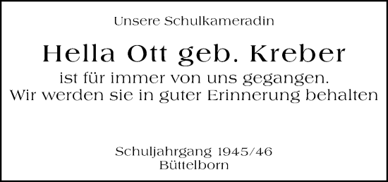 Traueranzeige von Hella Ott von Groß-Gerauer Echo