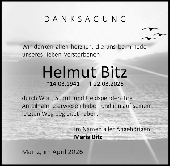Traueranzeige von Helmut Bitz von Allgemeine Zeitung Mainz