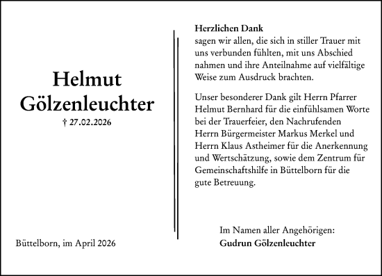Traueranzeige von Helmut Gölzenleuchter von Groß-Gerauer Echo