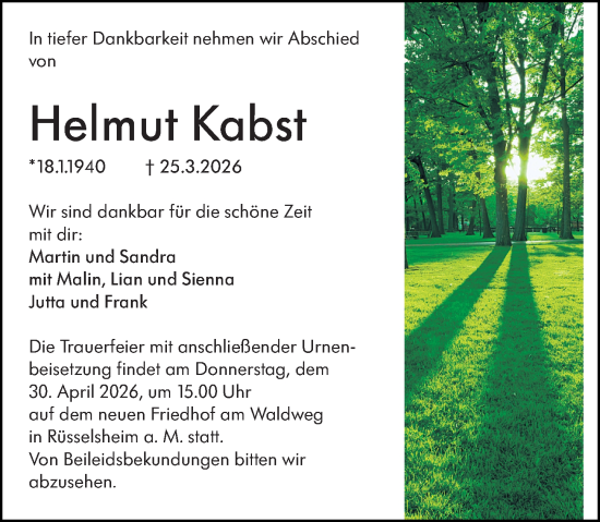 Traueranzeige von Helmut Kabst von Rüsselsheimer Echo