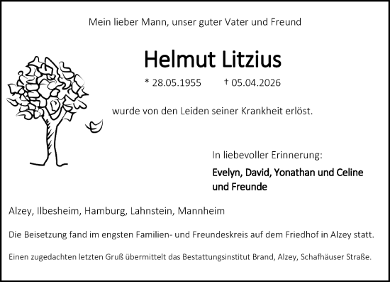 Traueranzeige von Helmut Litzius von Allgemeine Zeitung Alzey