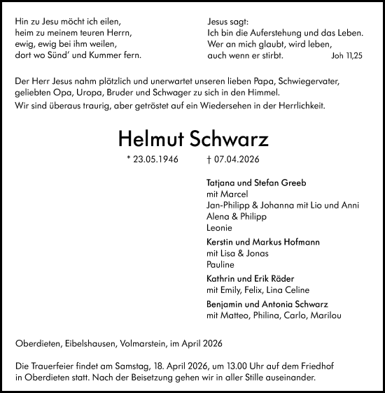 Traueranzeige von Helmut Schwarz von Hinterländer Anzeiger