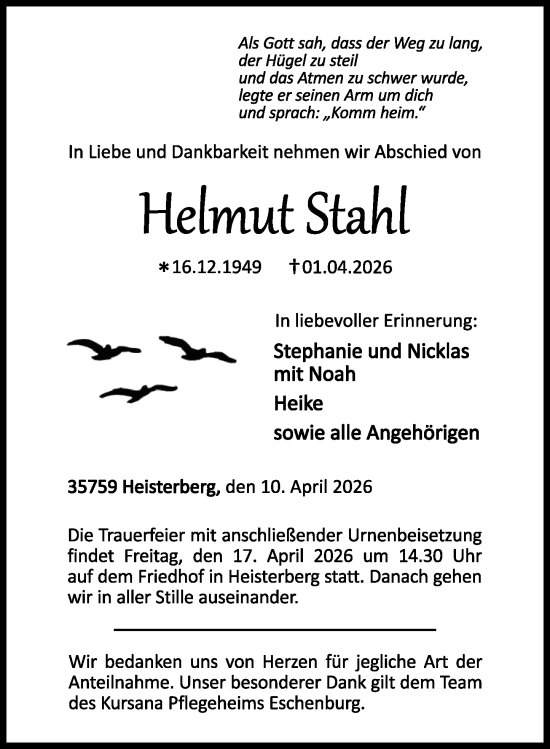 Traueranzeige von Helmut Stahl von Dill Block
