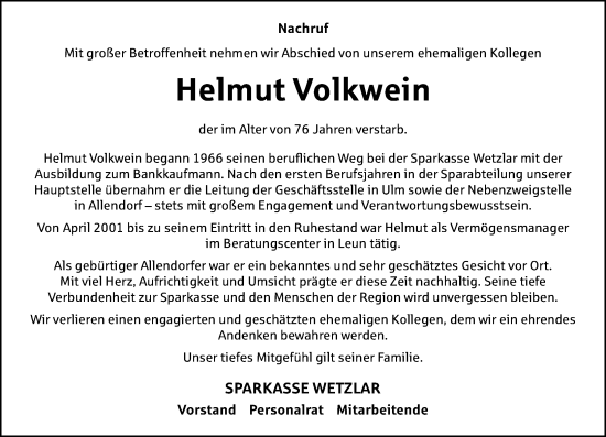 Traueranzeige von Helmut Volkwein von Wetzlarer Neue Zeitung