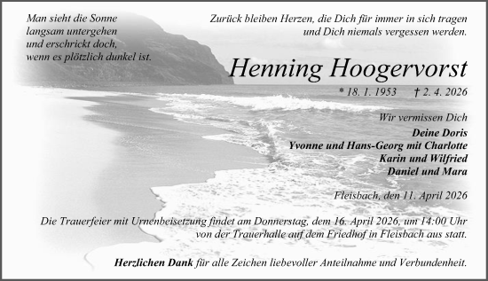 Traueranzeige von Henning Hoogervorst von Dill Block
