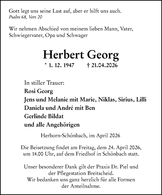 Traueranzeige von Herbert Georg von Dill Block
