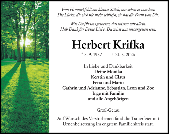 Traueranzeige von Herbert Krifka von Groß-Gerauer Echo
