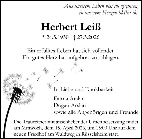 Traueranzeige von Herbert Leiß von Rüsselsheimer Echo
