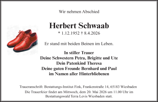 Traueranzeige von Herbert Schwaab von Wiesbadener Kurier