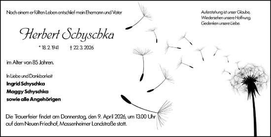 Traueranzeige von Herbert Schyschka von Hochheimer Zeitung