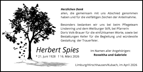 Traueranzeige von Herbert Spies von Weilburger Tageblatt