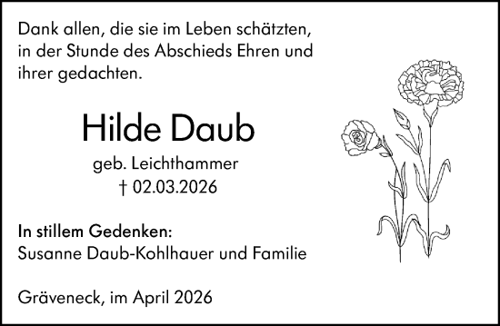 Traueranzeige von Hilde Daub von Weilburger Tageblatt