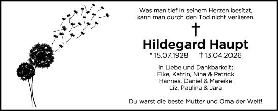 Traueranzeige von Hildegard Haupt von Wetzlarer Neue Zeitung