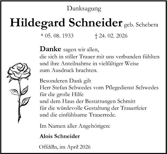 Traueranzeige von Hildegard Schneider von Dill Block