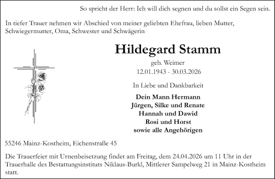 Traueranzeige von Hildegard Stamm von Allgemeine Zeitung Mainz