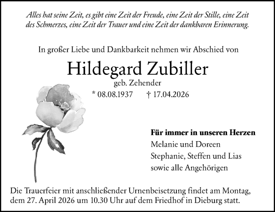 Traueranzeige von Hildegard Zubiller von Darmstädter Echo