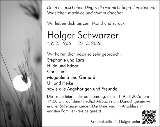 Traueranzeige von Holger Schwarzer von Wetzlarer Neue Zeitung