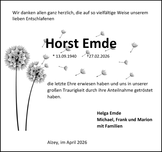 Traueranzeige von Horst Emde von Allgemeine Zeitung Alzey