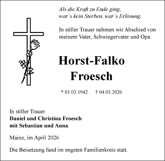 Traueranzeige von Horst-Falko Froesch von Allgemeine Zeitung Mainz