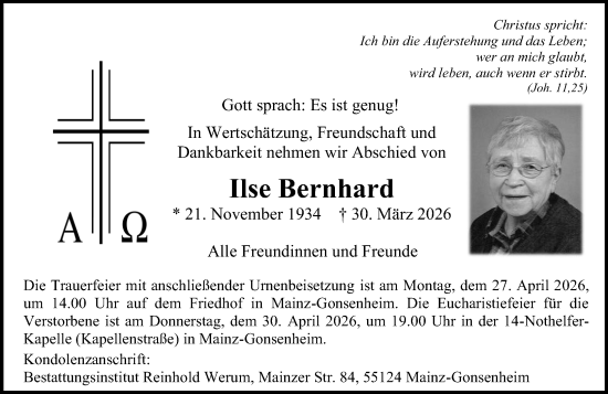 Traueranzeige von Ilse Bernhard von Allgemeine Zeitung Mainz