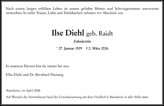 Traueranzeige von Ilse Diehl von Rüsselsheimer Echo