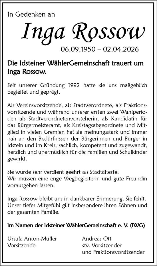 Traueranzeige von Inga Rossow von Idsteiner Land/Untertaunus