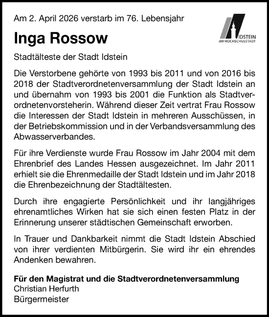 Traueranzeige von Inga Rossow von Idsteiner Land/Untertaunus
