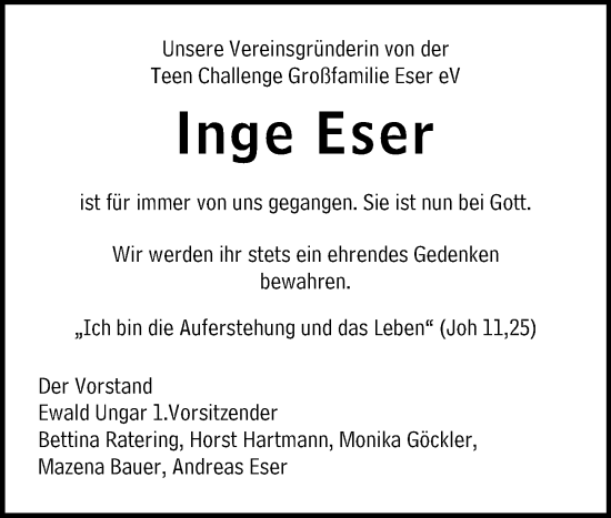 Traueranzeige von Inge Eser von Nassauische Neue Presse