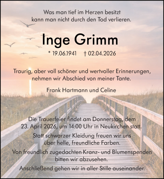 Traueranzeige von Inge Grimm von Wetzlarer Neue Zeitung