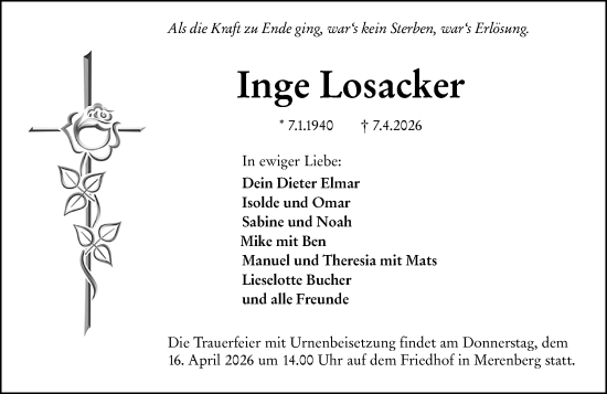 Traueranzeige von Inge Losacker von Weilburger Tageblatt