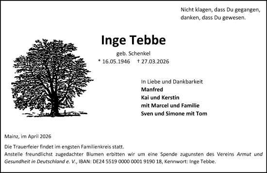 Traueranzeige von Inge Tebbe von Wiesbadener Kurier
