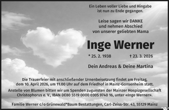Traueranzeige von Inge Werner von Allgemeine Zeitung Mainz