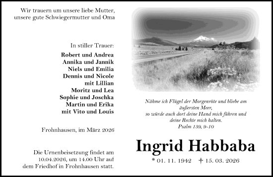 Traueranzeige von Ingrid Habbaba von Dill Block