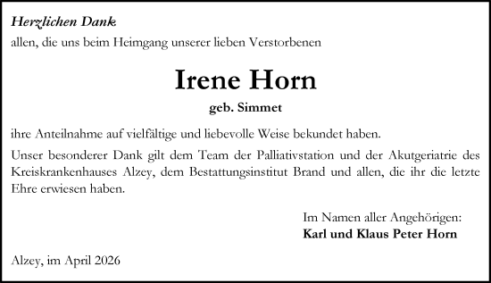 Traueranzeige von Irene Horn von Allgemeine Zeitung Alzey