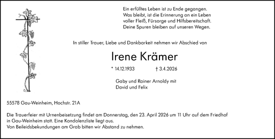 Traueranzeige von Irene Krämer von Allgemeine Zeitung Alzey
