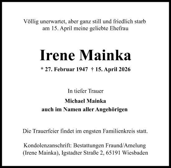 Traueranzeige von Irene Mainka von Wiesbadener Kurier